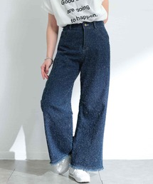 ダメージ風裾フリンジデニムワイドパンツ