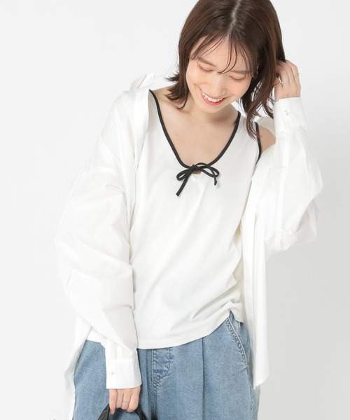 studio CLIP（スタディオクリップ）の「【WEB/一部店舗限定商品】USAコットンUネックリボンリンガータンク（タンクトップ・レディース・ネイビー/ライトグレー/ホワイト・MEDIUM/LARGE）」の5枚目の写真