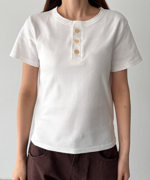 CANAL JEAN（キャナルジーン）の「HARING　ヴィンテージコットンヘンリー半袖Tシャツ（Tシャツ/カットソー・レディース・ネイビー/ホワイト・ONE SIZE）」の7枚目の写真