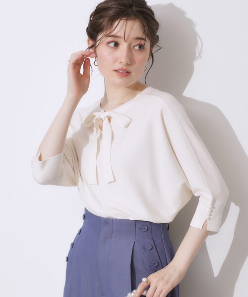 couture brooch(クチュールブローチ)の「前後2WAYサマードルマンニット(ニット/セーター・レディース・ネイビー/オフホワイト/レッド系・42/38)」の11枚目の写真