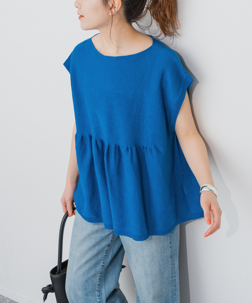 Spick & Span(スピックアンドスパン)の「《追加》手洗い可 / ギマコットンフレンチスリーブプルオーバー(ニット/セーター・レディース・ブラック/ベージュ系その他/ブルー・FREE)」の3枚目の写真