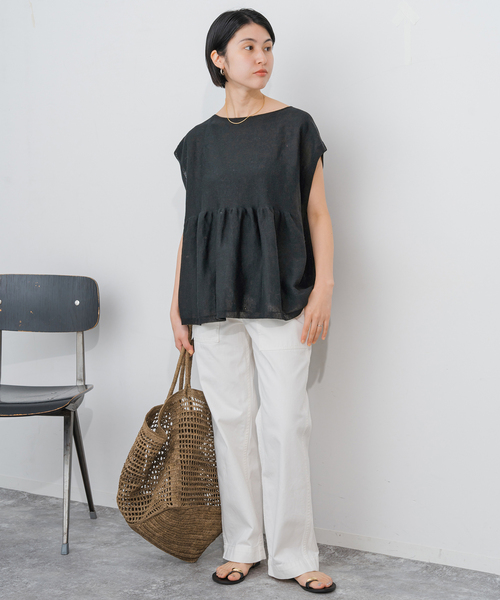 Spick & Span(スピックアンドスパン)の「《追加》手洗い可 / ギマコットンフレンチスリーブプルオーバー(ニット/セーター・レディース・ブラック/ベージュ系その他/ブルー・FREE)」の5枚目の写真