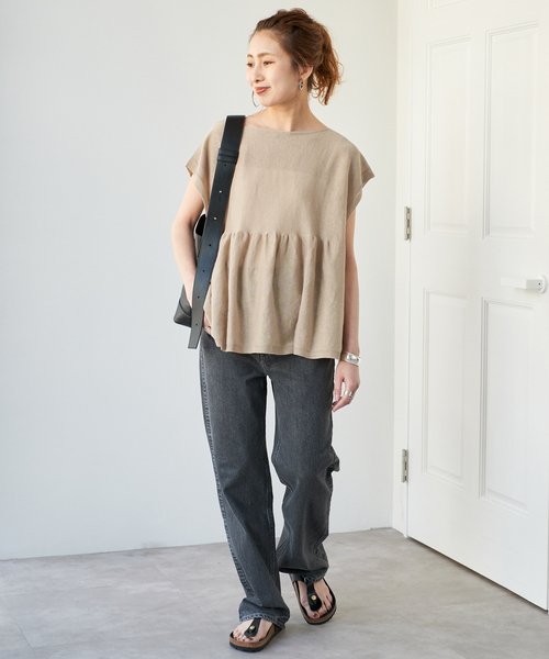 Spick & Span(スピックアンドスパン)の「《追加》手洗い可 / ギマコットンフレンチスリーブプルオーバー(ニット/セーター・レディース・ブラック/ベージュ系その他/ブルー・FREE)」の6枚目の写真