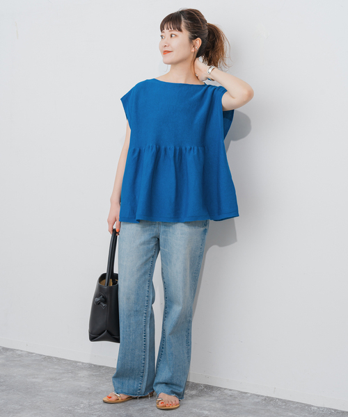 Spick & Span(スピックアンドスパン)の「《追加》手洗い可 / ギマコットンフレンチスリーブプルオーバー(ニット/セーター・レディース・ブラック/ベージュ系その他/ブルー・FREE)」の7枚目の写真