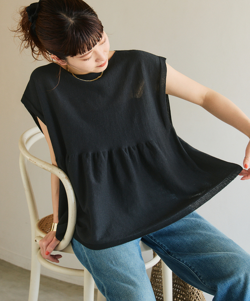 Spick & Span(スピックアンドスパン)の「《追加》手洗い可 / ギマコットンフレンチスリーブプルオーバー(ニット/セーター・レディース・ブラック/ベージュ系その他/ブルー・FREE)」の8枚目の写真