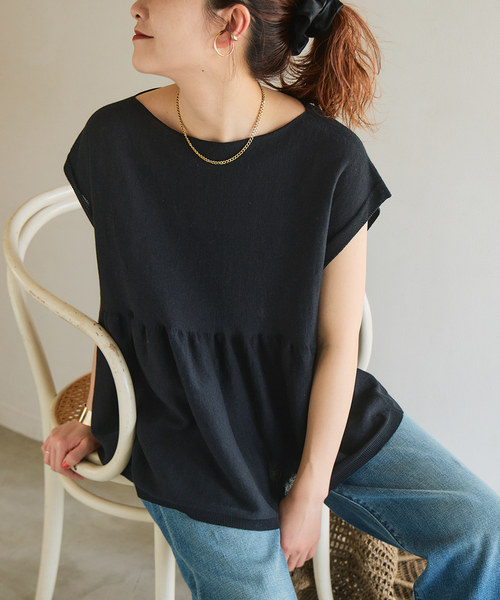 Spick & Span(スピックアンドスパン)の「《追加》手洗い可 / ギマコットンフレンチスリーブプルオーバー(ニット/セーター・レディース・ブラック/ベージュ系その他/ブルー・FREE)」の9枚目の写真