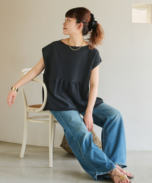 Spick & Span(スピックアンドスパン)の「《追加》手洗い可 / ギマコットンフレンチスリーブプルオーバー(ニット/セーター・レディース・ブラック/ベージュ系その他/ブルー・FREE)」の10枚目の写真