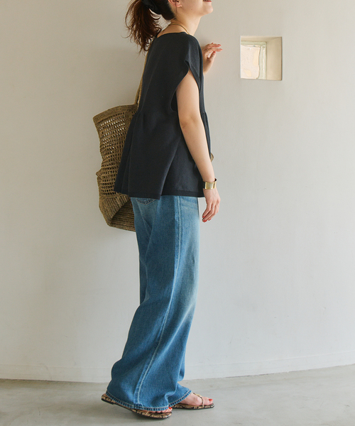 Spick & Span(スピックアンドスパン)の「《追加》手洗い可 / ギマコットンフレンチスリーブプルオーバー(ニット/セーター・レディース・ブラック/ベージュ系その他/ブルー・FREE)」の11枚目の写真
