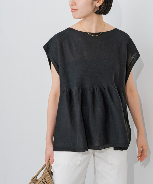 Spick & Span(スピックアンドスパン)の「《追加》手洗い可 / ギマコットンフレンチスリーブプルオーバー(ニット/セーター・レディース・ブラック/ベージュ系その他/ブルー・FREE)」の12枚目の写真
