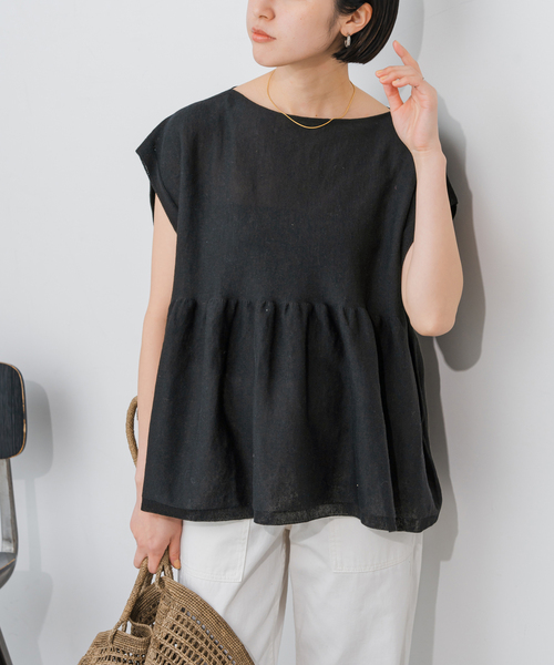 Spick & Span(スピックアンドスパン)の「《追加》手洗い可 / ギマコットンフレンチスリーブプルオーバー(ニット/セーター・レディース・ブラック/ベージュ系その他/ブルー・FREE)」の13枚目の写真