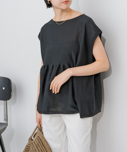 Spick & Span(スピックアンドスパン)の「《追加》手洗い可 / ギマコットンフレンチスリーブプルオーバー(ニット/セーター・レディース・ブラック/ベージュ系その他/ブルー・FREE)」の14枚目の写真