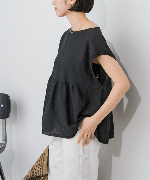 Spick & Span(スピックアンドスパン)の「《追加》手洗い可 / ギマコットンフレンチスリーブプルオーバー(ニット/セーター・レディース・ブラック/ベージュ系その他/ブルー・FREE)」の15枚目の写真
