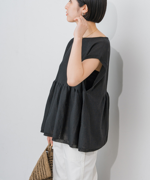 Spick & Span(スピックアンドスパン)の「《追加》手洗い可 / ギマコットンフレンチスリーブプルオーバー(ニット/セーター・レディース・ブラック/ベージュ系その他/ブルー・FREE)」の16枚目の写真