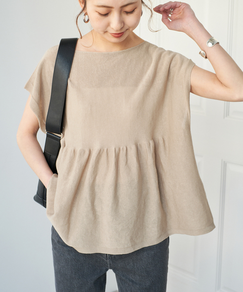 Spick & Span(スピックアンドスパン)の「《追加》手洗い可 / ギマコットンフレンチスリーブプルオーバー(ニット/セーター・レディース・ブラック/ベージュ系その他/ブルー・FREE)」の20枚目の写真