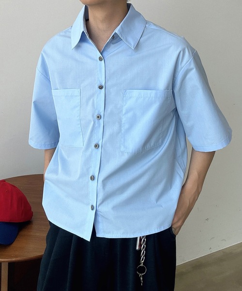 ボタンデコ ルーズ シャツ ブルー 半袖 ユニセックス 夏 nr9711 ユニセックス】無地&チェックアンティークボタンシャツ（シャツ