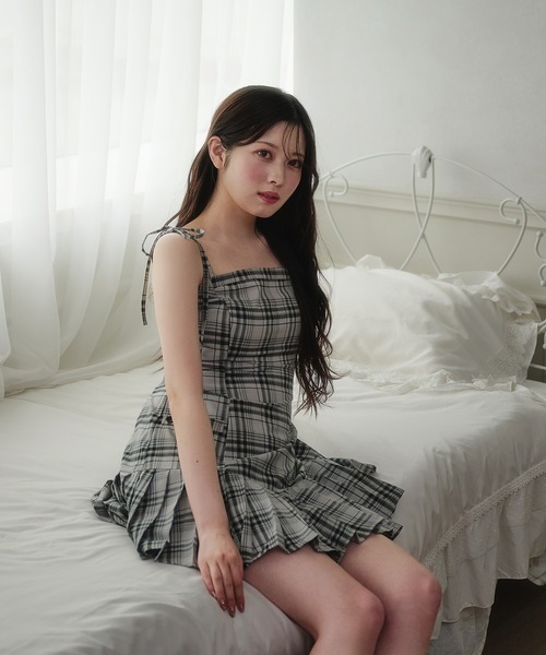 M me eme／Off shoulder roving check mini one piece(eme10379