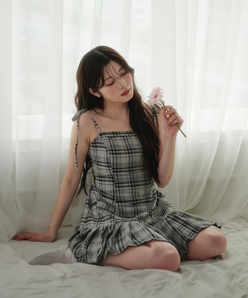 shoulder ribbon check mini cami onepiece /ショルダーリボン