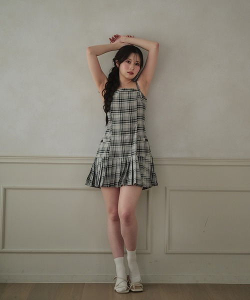 shoulder ribbon check mini cami onepiece /ショルダーリボン