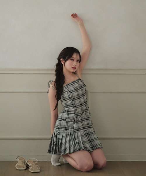 shoulder ribbon check mini cami onepiece /ショルダーリボン