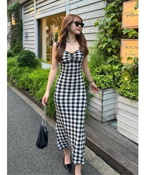 ダーリッチ ギンガムジャガードニットロングワンピース レッド Darich ワンピース ギンガムジャガードニットロングワンピース