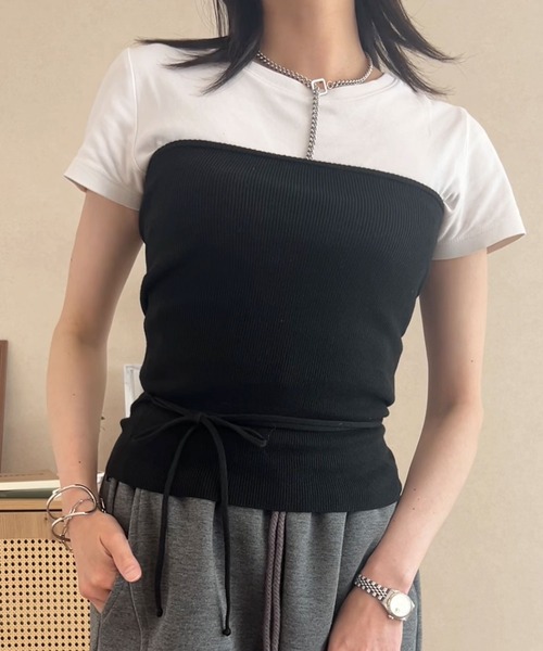 KOBE LETTUCE(コウベレタス)の「リボンストラップニットベアトップス(チューブトップ・レディース・グレー/ベージュ/ブラック/カーキ・M)」の2枚目の写真