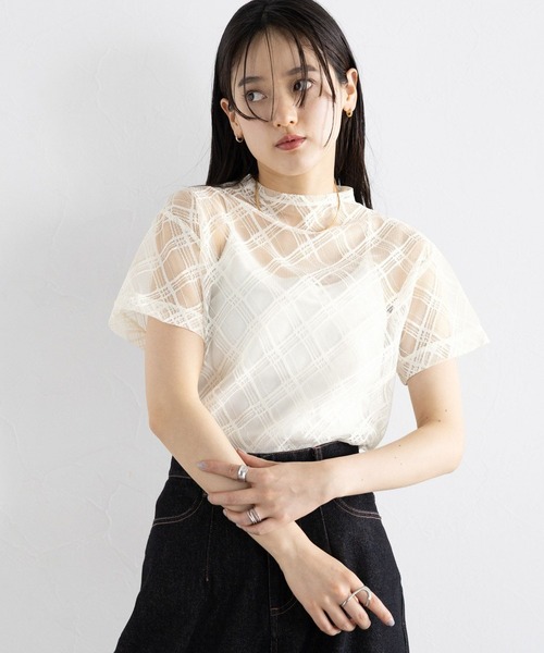 RAGEBLUE(レイジブルー)の「バイアスチェック/ハイネックシアートップス(Tシャツ/カットソー・レディース・ホワイト/ブラック・FREE)」の12枚目の写真