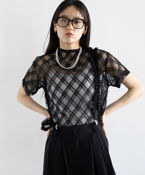 RAGEBLUE(レイジブルー)の「バイアスチェック/ハイネックシアートップス(Tシャツ/カットソー・レディース・ホワイト/ブラック・FREE)」の17枚目の写真