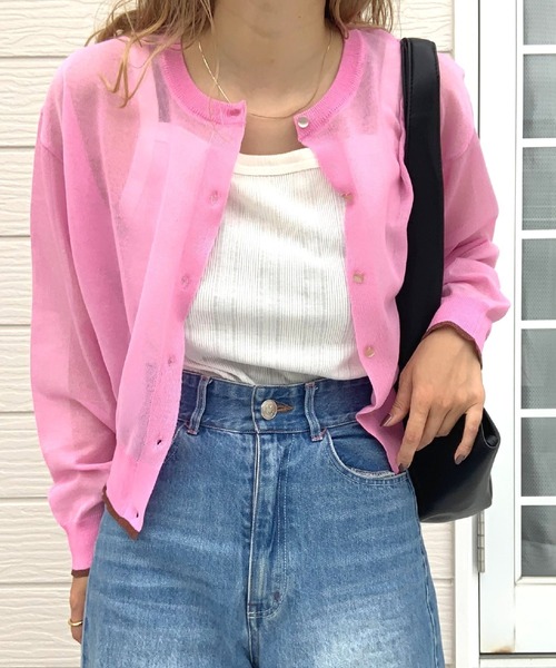 Q（キュー）の「シアーニットバイカラーカーデ（カーディガン/ボレロ・レディース・ブラック/ライトグレー/ピンク・MEDIUM）」の20枚目の写真