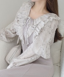 【mily bilet】上品にスタイルアップ。シャイニー花柄フリルブラウスドッキングワンピース