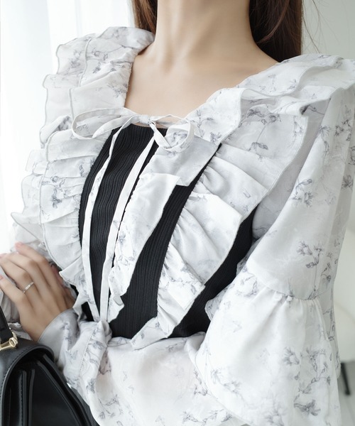 mily bilet(ミウィビレット)の「【mily bilet】上品にスタイルアップ。シャイニー花柄フリルブラウスドッキングワンピース(ワンピース・レディース・ブラック/グレー・LARGE/MEDIUM/SMALL/X-LARGE)」の15枚目の写真