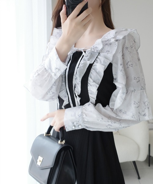 セール】【mily bilet】上品にスタイルアップ。シャイニー花柄フリル