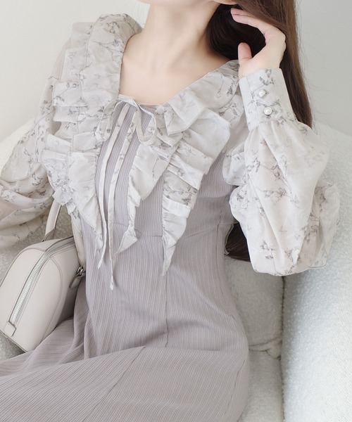 mily bilet(ミウィビレット)の「【mily bilet】上品にスタイルアップ。シャイニー花柄フリルブラウスドッキングワンピース(ワンピース・レディース・ブラック/グレー・LARGE/MEDIUM/SMALL/X-LARGE)」の9枚目の写真