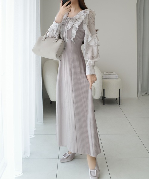 mily bilet(ミウィビレット)の「【mily bilet】上品にスタイルアップ。シャイニー花柄フリルブラウスドッキングワンピース(ワンピース・レディース・ブラック/グレー・LARGE/MEDIUM/SMALL/X-LARGE)」の8枚目の写真