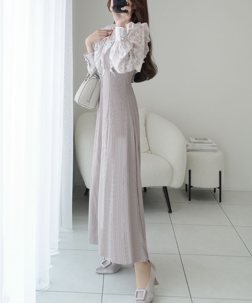 mily bilet(ミウィビレット)の「【mily bilet】上品にスタイルアップ。シャイニー花柄フリルブラウスドッキングワンピース(ワンピース・レディース・ブラック/グレー・LARGE/MEDIUM/SMALL/X-LARGE)」の7枚目の写真