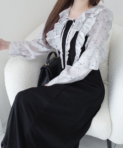 mily bilet(ミウィビレット)の「【mily bilet】上品にスタイルアップ。シャイニー花柄フリルブラウスドッキングワンピース(ワンピース・レディース・ブラック/グレー・LARGE/MEDIUM/SMALL/X-LARGE)」の18枚目の写真