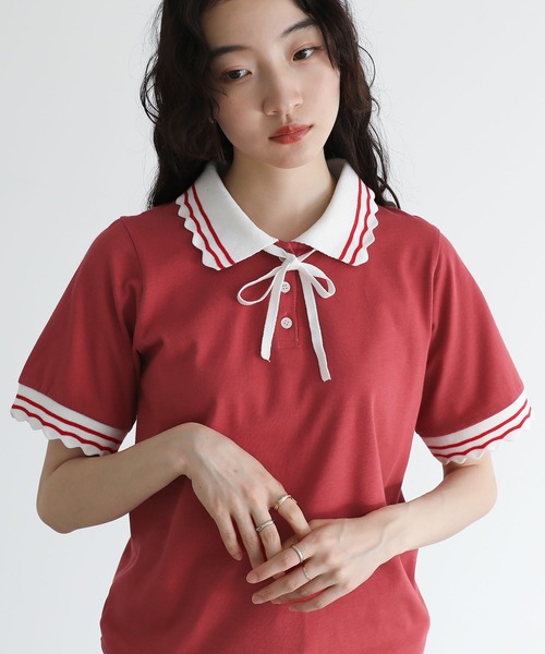 somari imagination（ソマリ イマジネーション）の「『スカラップポロカットソー』（ポロシャツ・レディース・アイボリー/レッド・2/1）」の2枚目の写真