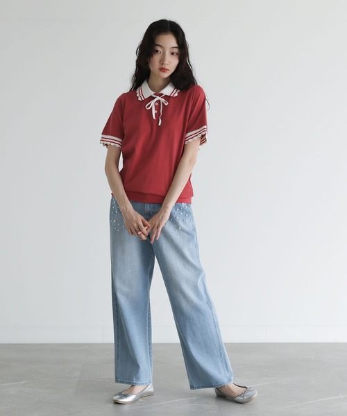 somari imagination（ソマリ イマジネーション）の「『スカラップポロカットソー』（ポロシャツ・レディース・アイボリー/レッド・2/1）」の3枚目の写真