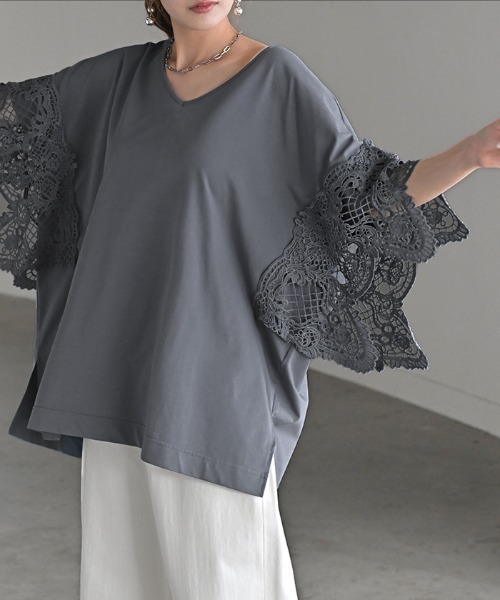 HUG.U(ハグユー)の「接触冷感レース袖Tシャツ(Tシャツ/カットソー・レディース・ホワイト/ブルーグレー/ブラック・FREE)」の6枚目の写真