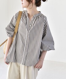 quaranciel:〈洗濯機可能〉REPREVE バンドカラー ギャザー パフ シャツ ブラウス