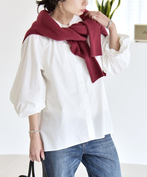 quaranciel:〈洗濯機可能〉REPREVE バンドカラー ギャザー パフ シャツ