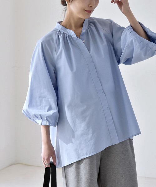 quaranciel:〈洗濯機可能〉REPREVE バンドカラー ギャザー パフ シャツ