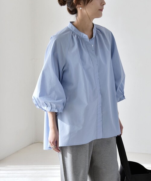 quaranciel(カランシエル)の「quaranciel:〈洗濯機可能〉REPREVE バンドカラー ギャザー パフ シャツ ブラウス(シャツ/ブラウス・レディース・ブラウン/ホワイト/ライトブルー・ONE SIZE)」の21枚目の写真