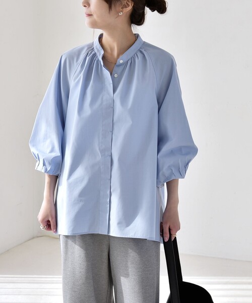 quaranciel(カランシエル)の「quaranciel:〈洗濯機可能〉REPREVE バンドカラー ギャザー パフ シャツ ブラウス(シャツ/ブラウス・レディース・ブラウン/ホワイト/ライトブルー・ONE SIZE)」の18枚目の写真