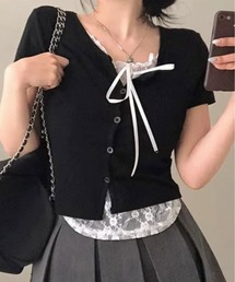 レイヤード風 リボン レース Tシャツ