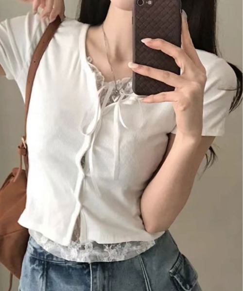 kirakiraShop(キラキラショップ)の「レイヤード風 リボン レース Tシャツ(Tシャツ/カットソー・レディース・ブラック/ホワイト・FREE)」の3枚目の写真