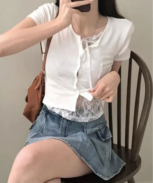 kirakiraShop(キラキラショップ)の「レイヤード風 リボン レース Tシャツ(Tシャツ/カットソー・レディース・ブラック/ホワイト・FREE)」の5枚目の写真