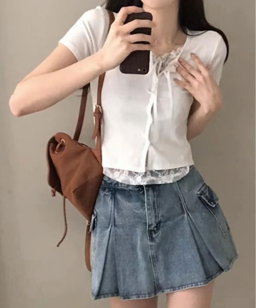 kirakiraShop(キラキラショップ)の「レイヤード風 リボン レース Tシャツ(Tシャツ/カットソー・レディース・ブラック/ホワイト・FREE)」の7枚目の写真