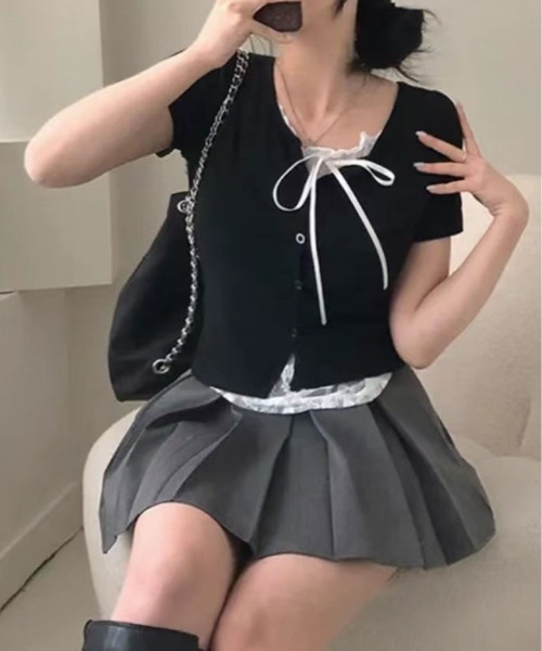 kirakiraShop(キラキラショップ)の「レイヤード風 リボン レース Tシャツ(Tシャツ/カットソー・レディース・ブラック/ホワイト・FREE)」の8枚目の写真