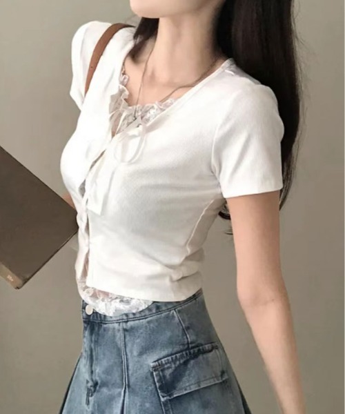 kirakiraShop(キラキラショップ)の「レイヤード風 リボン レース Tシャツ(Tシャツ/カットソー・レディース・ブラック/ホワイト・FREE)」の6枚目の写真