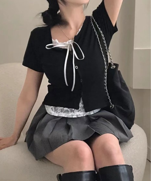 kirakiraShop(キラキラショップ)の「レイヤード風 リボン レース Tシャツ(Tシャツ/カットソー・レディース・ブラック/ホワイト・FREE)」の9枚目の写真